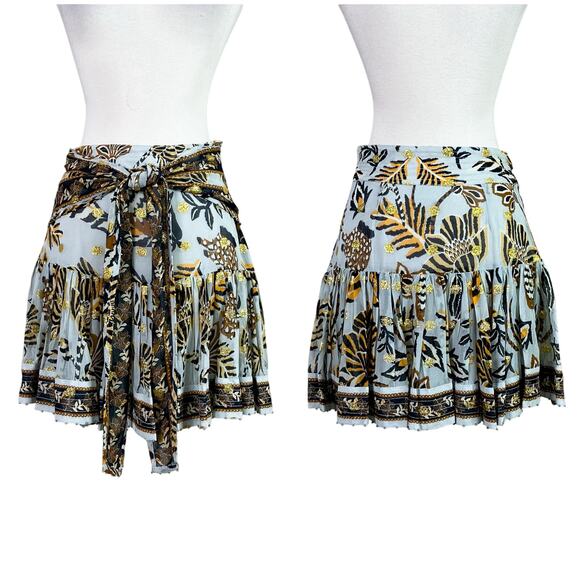 Farm Rio | Tapestry Blue Black Gold Tie Waist Ruffle Designer Mini Skirt XS - Picture 11 of 11